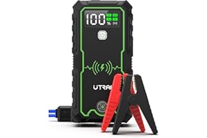UTRAI 5000A Booster Batterie, Démarrage de Voiture (Jusqu’à 8.5 L Essence All Gazole) Booster Batterie Voiture Jump Starter avec Pinces de Sûreté Intelligentes, Lampe à LED, Marteau de Sécurité