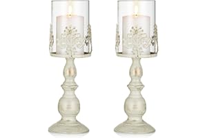 Sziqiqi Candle Holder, 2 Pcs Vintage Pillar Holders Set, Iron Tall Candle Holders, Removable Glass Hurricane, Wedding Party Decor, L+L, Distressed, Ivory