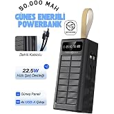 50.000 mAh Powerbank G&uuml;neş Enerjili Solar Hızlı Şarj G&ouml;stergeli El Feneri Taşınabilir Batarya 22.5W