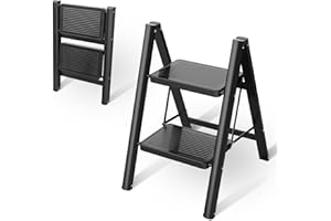 HOUSLUX Escabeau pliable à 2 marches - Avec large pédale antidérapante - Capacité de 150 kg - Pour la maison, le garde-manger, l'intérieur et l'extérieur (noir, 2 marches)
