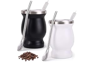 CRESBEL Yerba Mate - Set di 2 tazze in acciaio inox, a doppia parete, con cucchiaino e spazzola per la pulizia, isolamento termico per tè, caffè, latte e succo, bianco e nero