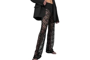 EMOTTOS Femmes Dentelle Pantalons, Y2k Taille Haute Pantalon avec Motif de Fleur au Crochet, Pantalon à Taille élastique en Maille Transparente évidé pour la Fête Nightclub Party, Noir, S-XL