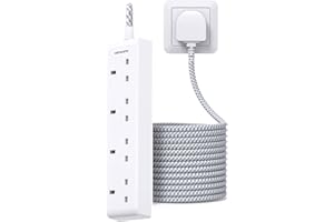 4 Way Extension Lead 5M, HANYCONY Extra Long Plug Extension Cord with Braided Cable, 13A 3250W Power Strip Socket for Home, Office, Garage, Garden, Workshop, Camping Accessories, White