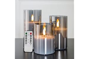 Eywamage Silver Grey Glass Flameless Flickering Candles with Remote, 3 Pack Realistic LED Fake Candles ∅ 3" H 4" 5" 6"