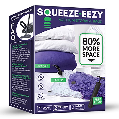 Squeeze-eezy – Vakuumbeutel-Set mit Pumpe – Für Kleidung und Bettwäsche – Jumbo, groß und mittel – 6 Stück pro Pack - 8