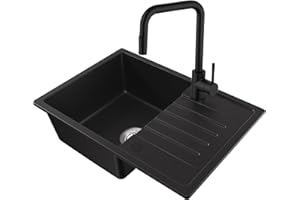 CECIPA Lavandino Cucina Nero 65 x 45 cm + Rubinetto con Doccetta, Lavello Cucina 1 Vasca con Gocciolatoio in Granito, Lavabo Cucina Installazione Reversibile, con Sifone Classico e troppopieno