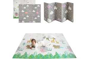 MIKMEL Foldable Baby Crawling Mat, Double-Sided Play Mat Made of XPE Foam, Waterproof and Non-Slip, Crawling Blanket with Clouds/Animals Design for Children's Room, 180 x 150 x 1 cm