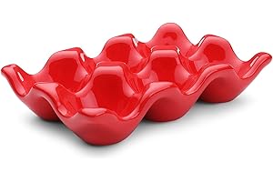 Flexzion Vassoio Portauovo in Ceramica 6 Scomparti- Dozzina Intera Porta Uovo Sodo in Porcellana Contenitore Portaoggetti Piatto da Portata Decorazioni Organizzator Frigorifero Cucina Casa (Rosso)