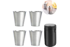 stillwen Vasos Acero Inoxidable, 4 Pieza Vasos de Chupito de Acero Inoxidable, Vasos Camping con 1 Estuche de Cuero, Vaso de Metal Apilable y Portátil para al Aire Libre Acampar y Senderismo(70ml)