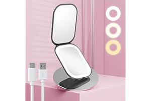 Benbilry Lighted Compact Travel Mirror with 3 Color Lights and Magnification 1X/3X, Ultra Slim Rechargeable Pocket Mirror for Purse, 2-Sided, Handheld, Folding, Portable, Black