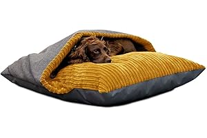 RUCOMFY BEANBAGS rucomfy Fibre-Filled Medium Burrower Calming Dog Bed with Comfort Blanket - Machine Washable Jumbo Cord Pet Bed with Water Resistant Base - 70 x 85 x 20cm (Mustard)