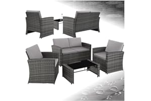 tectake Lounge Gartenmöbel Set Poly Rattan für den Garten, Möbel für den Balkon, 12-teilige Garten Lounge (wetterfest), Essgruppe mit Outdoor Sofa, Sessel und Tisch für 4 Personen (Grau/Hellgrau)