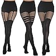 DALAETUS 3 Pcs Women's Fishnet Tights Set, Suspender Opaque Fishnet Stockings, Thigh High Pantyhose Gifts for Ladies Fashionable Pattern(Black)