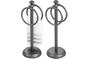 mDesign porte-serviette autoportant pour l'évier – porte-serviettes sur pied à 2 anneaux pour petites serviettes d'invités ou sèche-mains – rangement de serviettes compact en métal – lot de 2 – gris