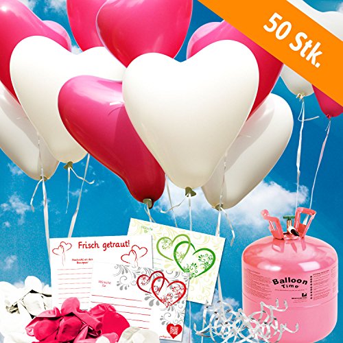 PINKE Heliumballons + HELIUM Ballongas + Ballonflugkarten - PORTOFREIE Komplettsets als Hochzeitsspiel mit Hochzeitsballons und Partyspiel mit Luftballons + Flugkarten + Heliumgas + Ballonschnur für bis zu 100 Hochzeitsgäste …