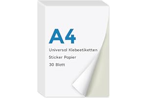 ‎KTRIO KTRIO A4 Sticker Papier zum Bedrucken 30 Blatt, Stickerpapier zum Selbstklebende Etikettenpapier Super selbstklebend, Bedrucken Sie Ihre Eigenen, Aufkleber für Laser und Tintenstrahldrucker