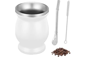 OUTALIZ Mate - Set di tazze da tè in acciaio inox a doppia parete, design isolante, 260 ml, con cucchiaio per cannuccia e spazzola per la pulizia, cannuccia in acciaio inox, per tè Mate (bianco)
