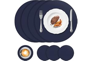 APLKER Leather Placemats and Coasters Set of 4, Round Table Mats Waterproof Dining Place Mats Coffee Mats Heat Resistant Placemat Non-Slip Washable Place Mats (Set of 4, Navy Blue)