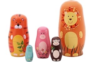 Veewon Nesting Dolls Handmade Wooden Cute Cartoon Animals Pattern Matryoshka Animal Doll Russian Dolls Kids Gifts Toy 6" - 5pcs