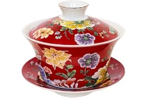 KOPYFANTAP Tazza da Tè in Porcellana Tradizionale Kungfu Cinese con Coperchio e Piattino,Gaiwan in Porcellana Rosso con Grafica Fiori, Tazza Tea Set da 300 ml di Grande Capacità per Tè o Caffè