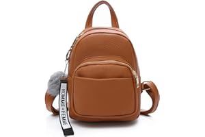 Katech Petit Sac à Dos Femme, Cuir PU Mini Sac à Dos pour Femme avec Pendentif Boule de Peluche, Petit Sac À Main pour Ados Filles Dames Femmes (Marron)