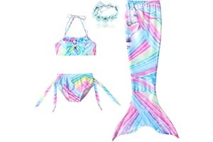 DAXIANG 3 Pièces Maillot de Bain Princesse Queue de Sirène Mermaid Bikini Déguisement pour Enfant Fille (10-12 Ans, Licorne Arc-en-Ciel)