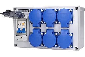 Asixxsix Caja de Tomacorriente Impermeable para Exteriores, Caja de Tomacorrientes de Pared con Tomacorrientes Alemanes de 6 Posiciones,Disyuntor,Cubierta de Cierre Automático