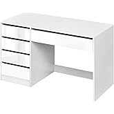 eSituro Desk with 5 Drawers, MDF, 120 x 55 x 75 cm, Glossy White | Glossy Finish Water Resistant Smooth Opening Drawers Bedro
