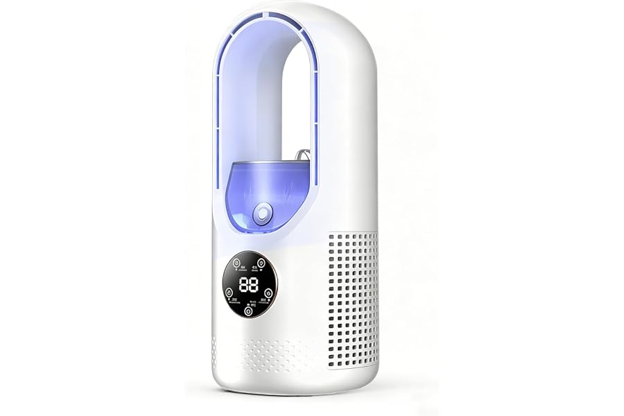 Portable Mini Air Conditioner Bladeless with 6 Wind Speeds and 6 Hours Off Timer, USB Rechargeable for Bedroom, Office, Desk (White & Blue)