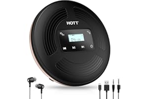 HOTT Tragbarer CD Player 1800 mAh wiederaufladbarer CD-Player mit Bluetooth und FM-Transmitter Ideal für Reisen, zu Hause und im Auto Mit Stereo-Kopfhörern und stoßfestem Design (schwarz)