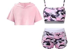 YEAHDOR 3-Set Abbigliamento Sportivo Bambina Felpa Manica Corta Crop Top Canottiera Pantaloncini Sportivi Leggins Corti Completo Palestra Fitness Allenamento