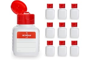 Octopus 10 flaconi di plastica 50 ml, bottigliette di plastica HPDE con tappo flip top rosso, bottiglie con tappo a cerniera rosso, flaconi quadrati con 10 etichette adesive