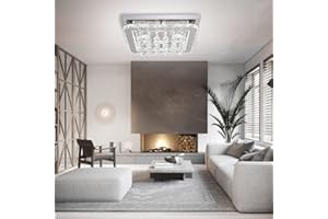 XEMQENER Square Crystal Chandelier, 30W LED Ceiling Lamp with Cool White Light, Finish Chrome Flush Mount Ceiling Light for Bedroom Living Room Bar Kitchen Hotel Restaurant(NO Remote)