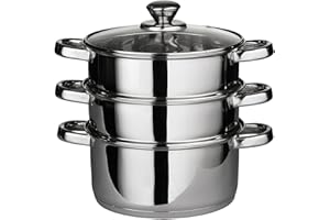 BARGAINS-GALORE 22 Cm Deluxe Steamer Cookware Set - with Glass Lid & Handles | Stainless Steel Pan, 3 Tier Pot Capsulated Bottom, Kitchen Home Cooking Pans, Chef Healthy Veg Cook, Multi Purpose