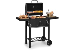 Klarstein Meat Machine - Barbacoa de carbón, Sistema de ventilación, Chimenea, Termómetro, Brasero altura regulable, Ruedas, Mesas laterales, Mango tacto frío, Acero cromado, 45 x 32,5 cm, Antracita