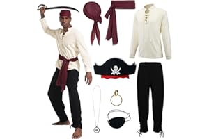 AJGEGJE Piratenkostüm Herren, 8 Stück Herren Piratin Kostüm Set mit Hemd, Lang Hose, Piraten Kopftuch, Gürtel, Halskette, für Halloween Karneval Cosplay