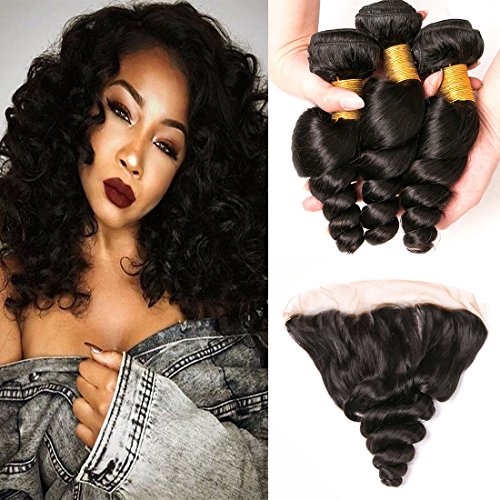 Ear to Ear Closure 13x4 Lace Frontal Free Part with Loose Deep Wave 3 Bundle Brazilian Unprocessed Human Hair Weave Natural Color(20 22 24 &16)