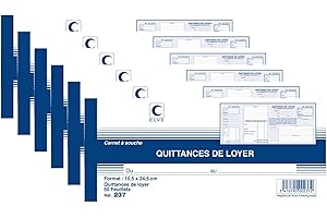 ELVE Lot de 6 Carnets à souche QUITTANCES DE LOYER 105 x 245 mm 50 Feuillets