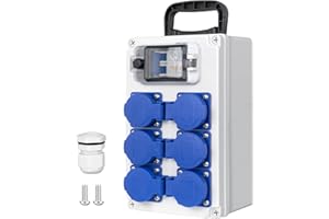 CHENGPI Distribuidor de Corriente con Interruptor FI 2P 63A, Caja Enchufes Pared con 6 Enchufes Schuko de AC 250V/16a, Caja de Distribución Portátil de Superficies de Construcción