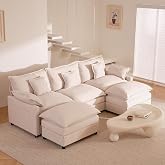274 cm 3 Seater Modular U-Shaped Sofa with Moving Poufs, Off White | Linen Fabric, Assembly Required, Deep Seat, Back Cushion