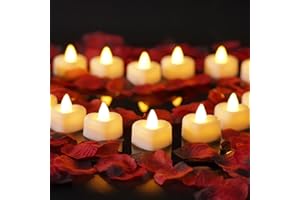 Homemory Flameless Battery Tealight Romantic Heart LED Love Bright Flicker Fake Candle, Valentine's Day, Anniversary Wedding Table Decor, Warm White 12pack (Including Artificial Rose Petals)