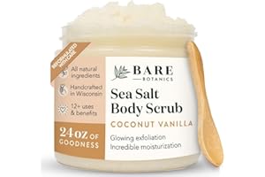 Bare Botanics Coconut Vanilla Body Scrub 24oz | Made in USA | All Natural Sea Salt Scrub w/Skin Loving Moisturizers | Vegan & Cruelty Free | Ready to Gift w/a Cute Wooden Spoon