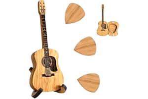 PSFXBM Wooden Acoustic Guitar Pick Box with 3 Picks, Storage Container - Music Art Gift for Guitar Ukulele Lover