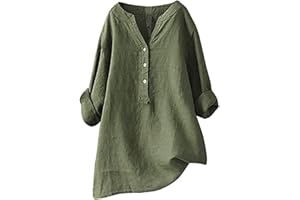 SCBFDI Chemisier Femme Chic et élégant, Chemise Lin Femme 2024 Printemps Eté Chic T-Shirt Manches Longues Col V Bouton Tshirt Couleur Unie Lâche Respirant Coton Lin Tunique Grande Taille Pas Cher Top