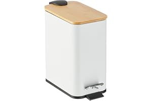 Relaxdays Poubelle de Salle de Bain, 5 litres, métallique, Seau intérieur Amovible, Couvercle en Bambou, Blanche