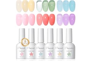 PEACECOLOR 6 Colores Pintauñas Semipermanentes Jelly, Esmaltes Semipermanentes para Uñas Morado Rosa Amarillo Azul Verde Nail Polish Nail Art Set
