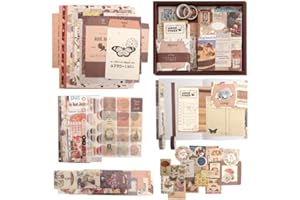 BIGXIN 154 PCS Aesthetic Scrapbook Supplies Set, Vintage Scrapbooking Paper with A6 Grid Notebook Decorative Paper Sticker Tape, Coffee Scrapbook Sticker Supplies for Bullet Journal