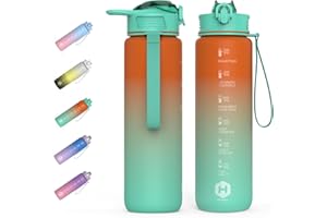 HOMEEX 1L (32oz) Motivational Water Bottle, BPA-free Sports Water Bottle with Time Marker - Quotes - One-Click Technology Ideal for Jogging, Hiking, Office, School, Adults, Children (Blue & Green)