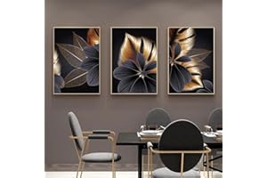 ConBlom Set of 3 Canvas Wall Art Painting - Modern Abstract Black Golden Leaf Plant Nordic Decorative Artwork for Bedroom Kitchen Living Room Home Decor (40 x 60cm- No Frame)