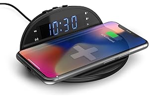 i-box Alarm Clock With Wireless Charging, Dual Alarm Clock, Fast Qi Wireless Charging, Smart Devices, 5 level Dimmable Brightness, Control Snooze Function, Desk Office Bedroom